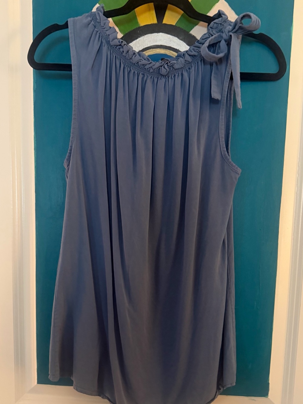 Papillon Blanc Dusty Blue Ruffle-Neck Tie-Shoulder Tank